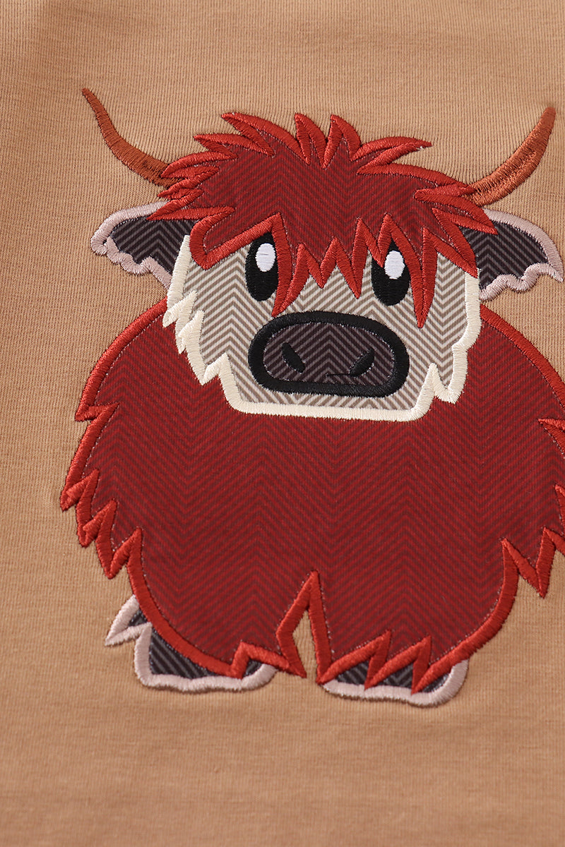 Brown cow applique boy top