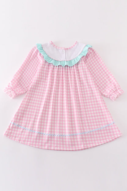 Pink tractor embroidery gingham dress