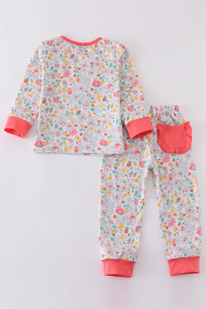 Pink floral print girl pajamas set