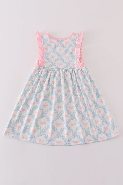 Pink bow print girl dress