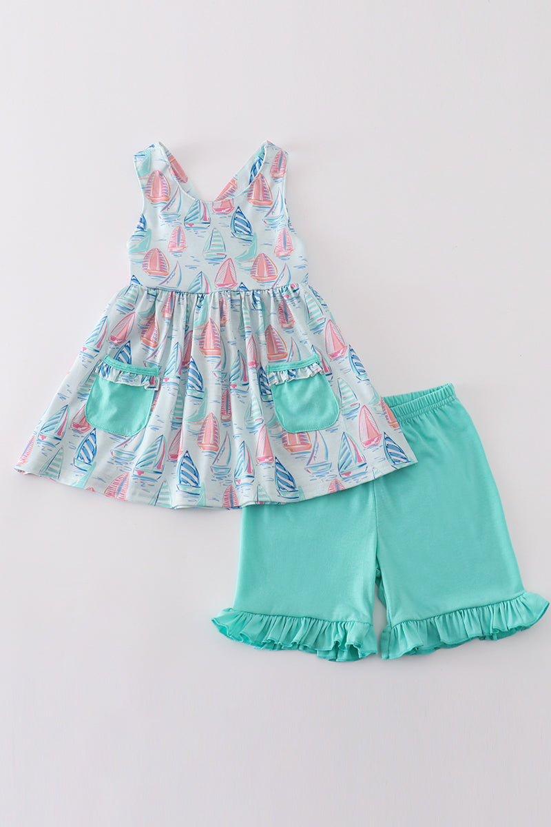 Green sailboat print ruffle girl set