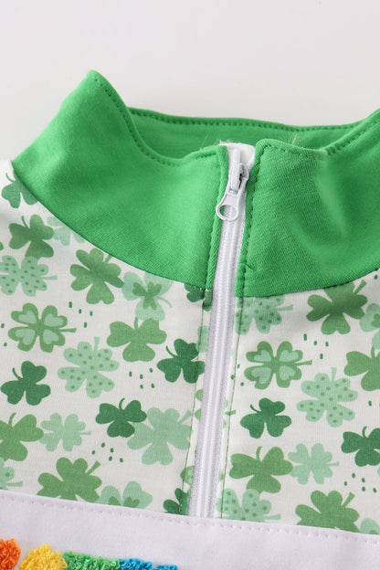 Green lucky charm french knot clover girl pullover