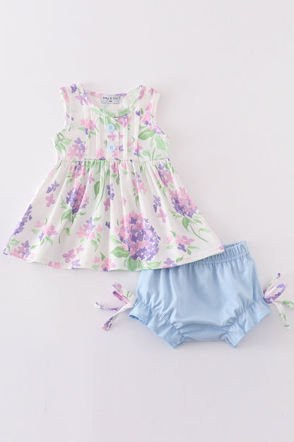 Purple hydragena print girl bloomer set