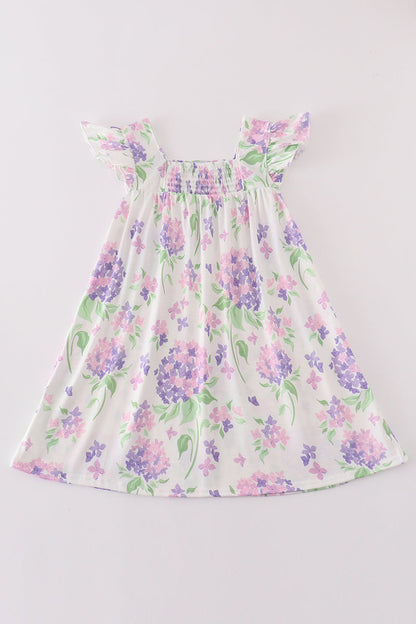 Purple hydragena print smocked girl dress