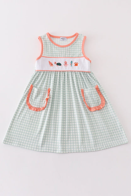 Coral & sage marine creature embroidery girl dress