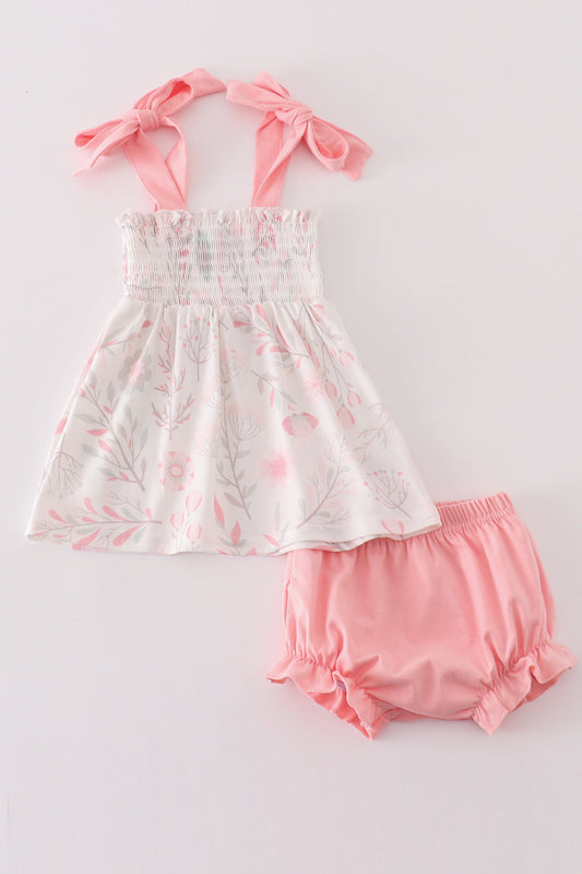 Pink Blush Meadow smocked girl bloomer set