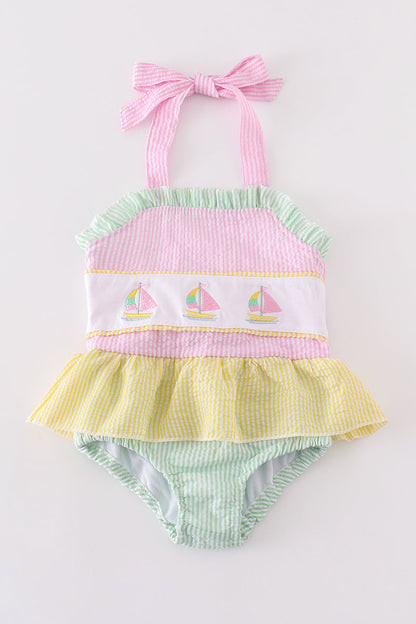 Seersucker sailboat embroidery girl swimsuit