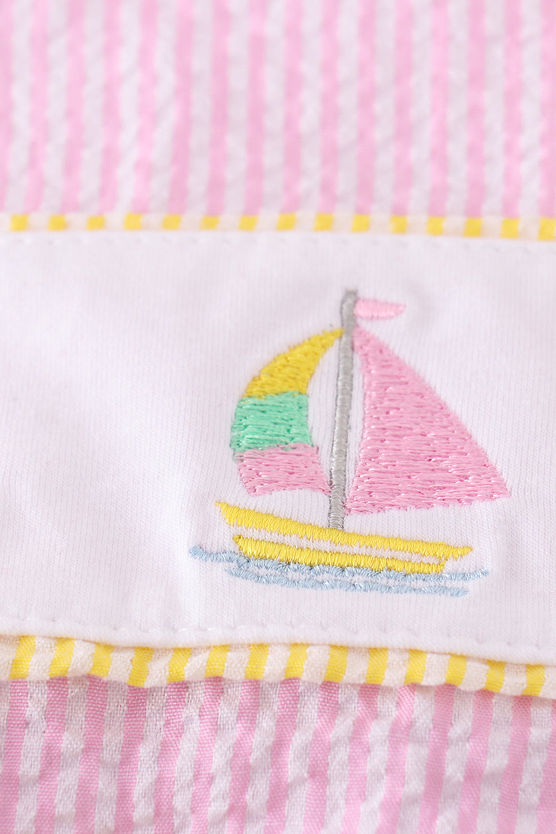 Seersucker sailboat embroidery girl swimsuit