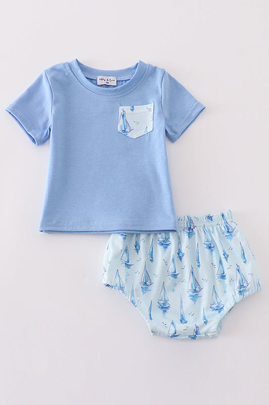 Blue sailboat print boy bloomer set