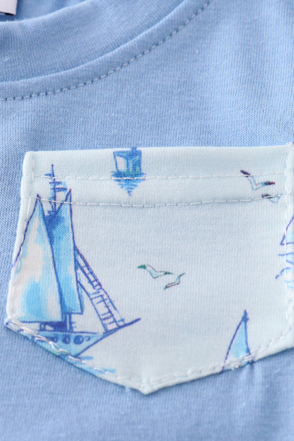 Blue sailboat print boy bloomer set