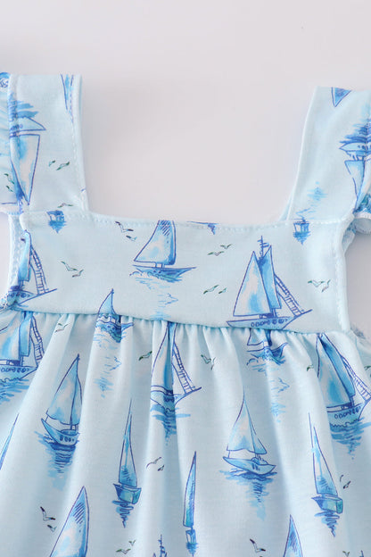 Blue sailboat print girl bloomer set