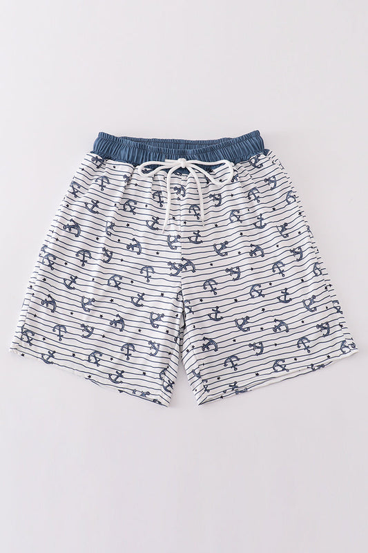 Blue stripe anchor print dad swim trunks