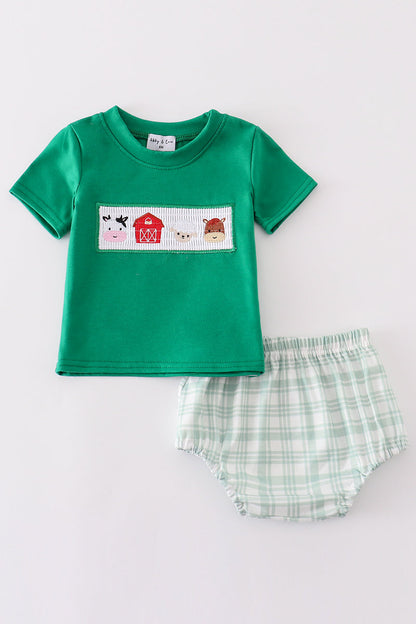 Green farm embroidery smocked boy bloomer set