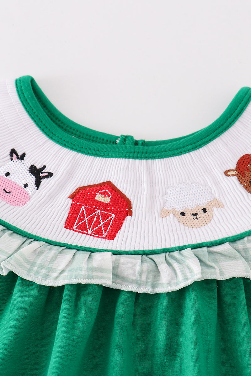 Green farm embroidery smocked girl dress