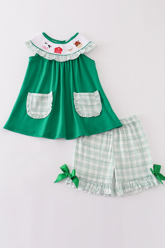 Green farm embroidery smocked girl set