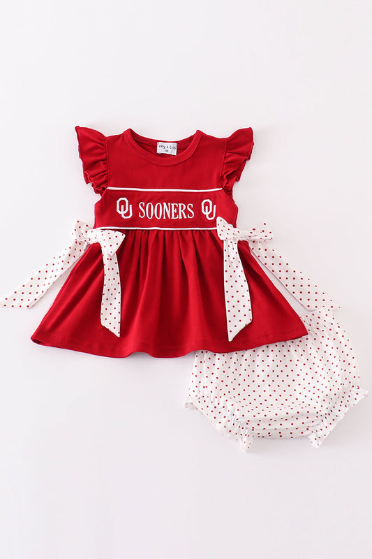 Red sooners embroidery girl bloomer set