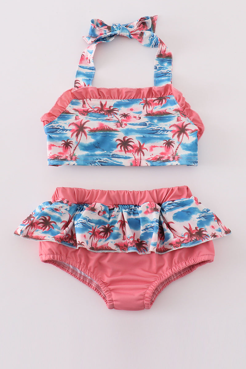 Beach palm print 2pc girl swimsuit