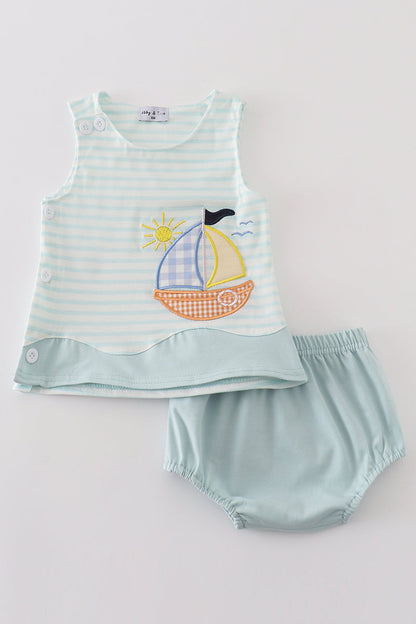 Blue stripe sailboat applique boy bloomer set