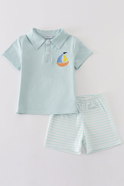 Blue stripe sailboat embroidery boy set