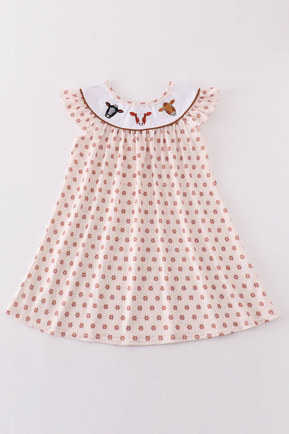 Floral print cow embroidery girl dress