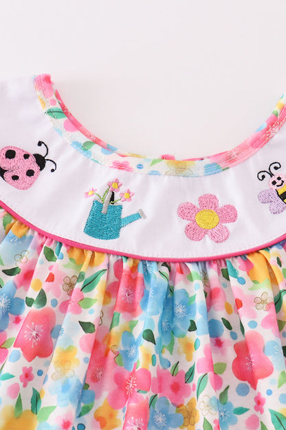 Floral bee embroidery girl dress