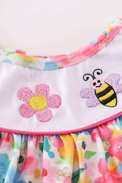 Floral bee embroidery girl dress