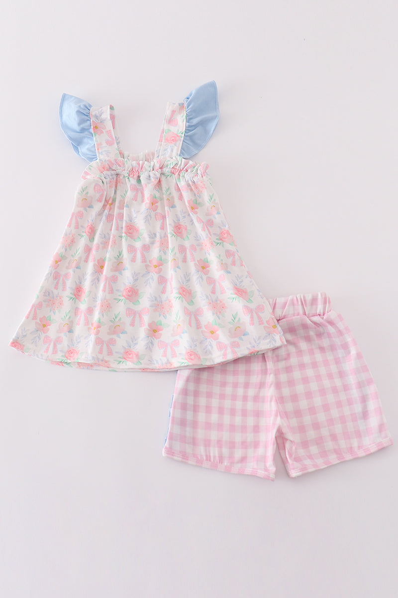 Pink floral bow print girl set