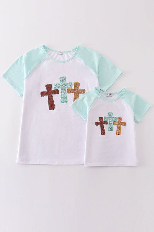 White cross he is risen glitter embroidery mom&me top