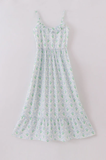 Green leaves bow print mom&me dress