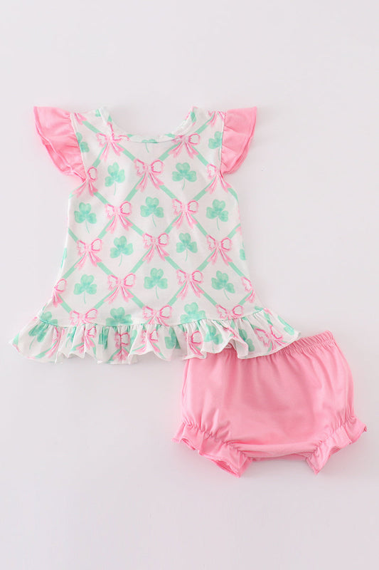 Green St.Patricks clover print girl bloomer set