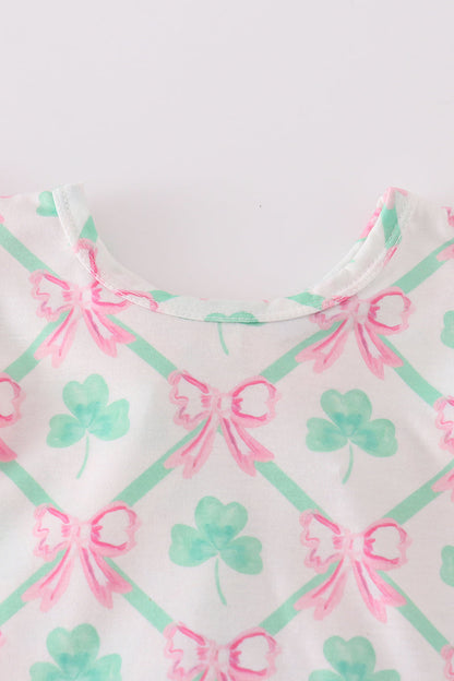 Green St.Patricks clover print girl bloomer set