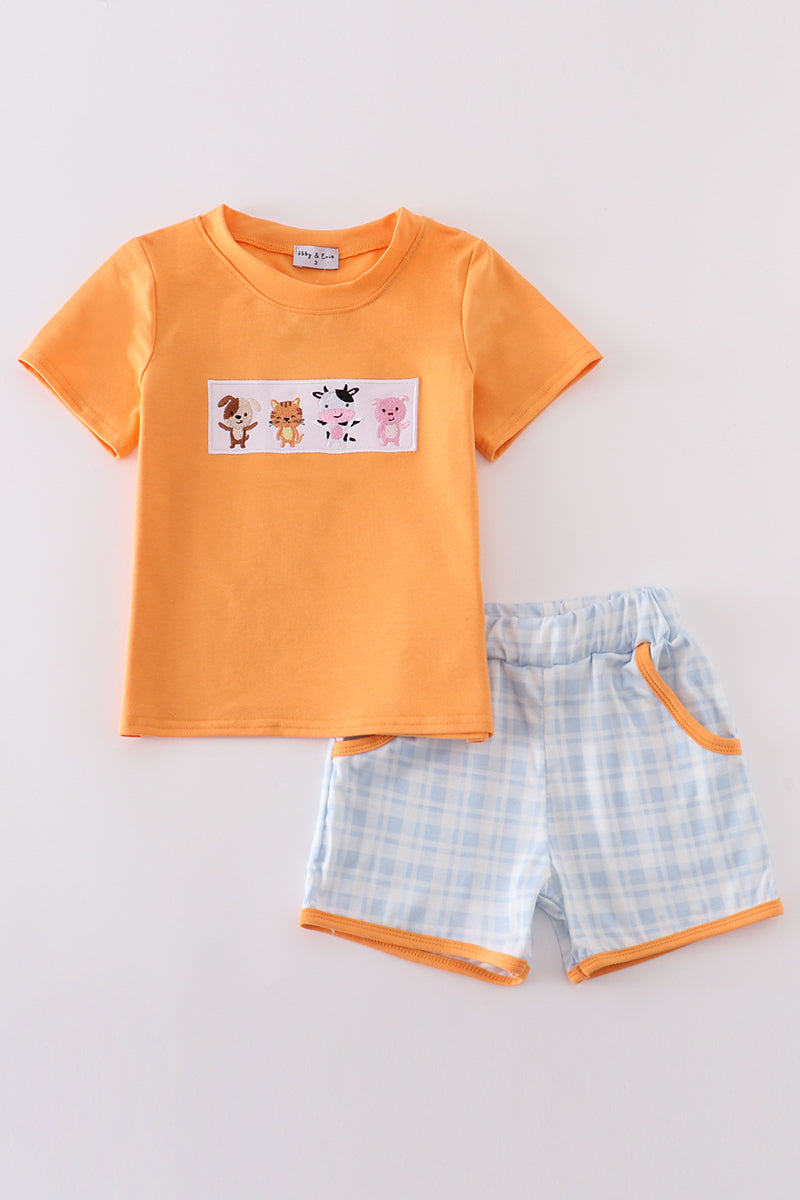 Farm embroidery boy plaid set