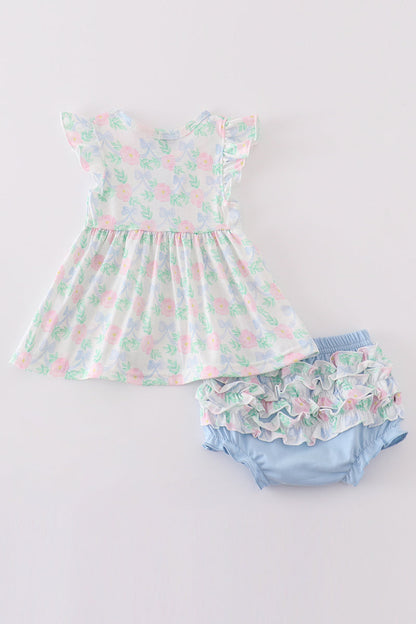 Blue floral bow print girl bloomer set