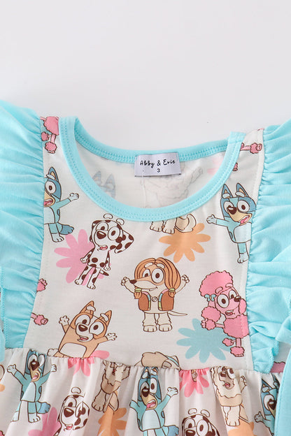 Blue character print ruffle girl set