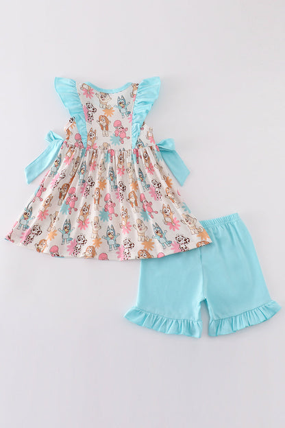 Blue character print ruffle girl set