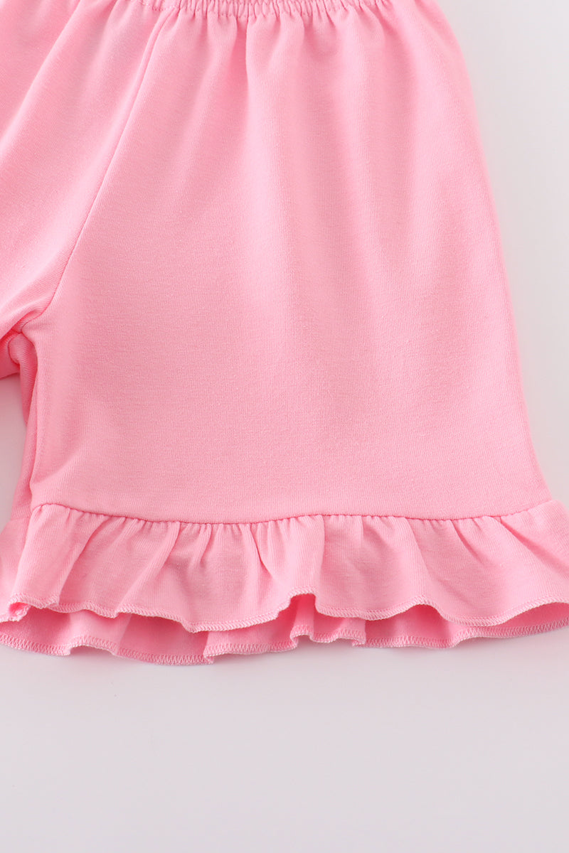 Pink character print ruffle girl set