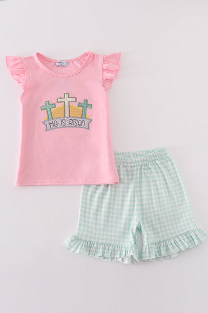 Pink easter he is risen applique girl set