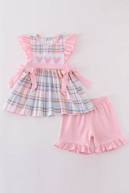 Pink plaid character embroidery girl set