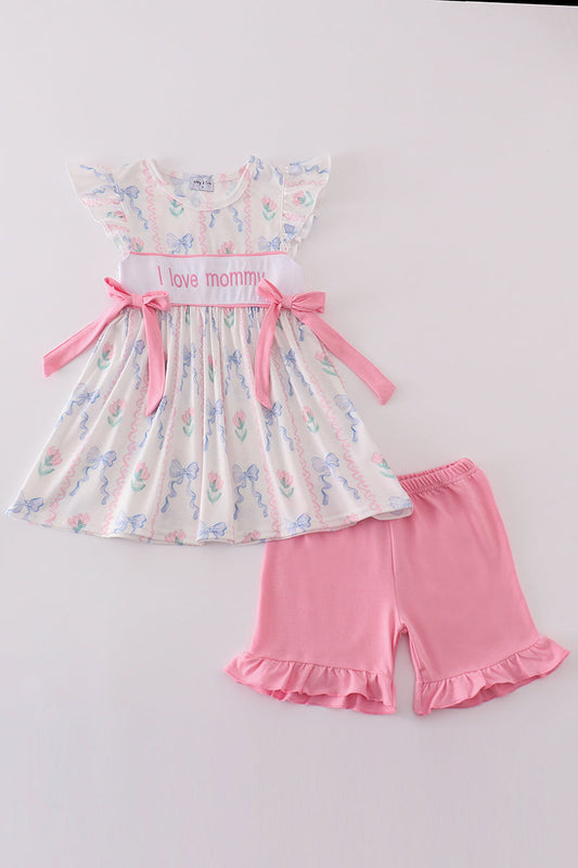 Pink bow I love mommy embroidery girl set