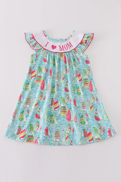 Green sailboat love I love MOM embroidery girl dress