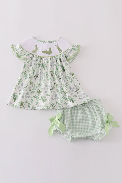 Sage leaf bunny embroidery smocked bloomer set