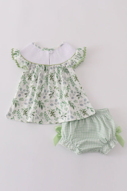 Sage leaf bunny embroidery smocked bloomer set