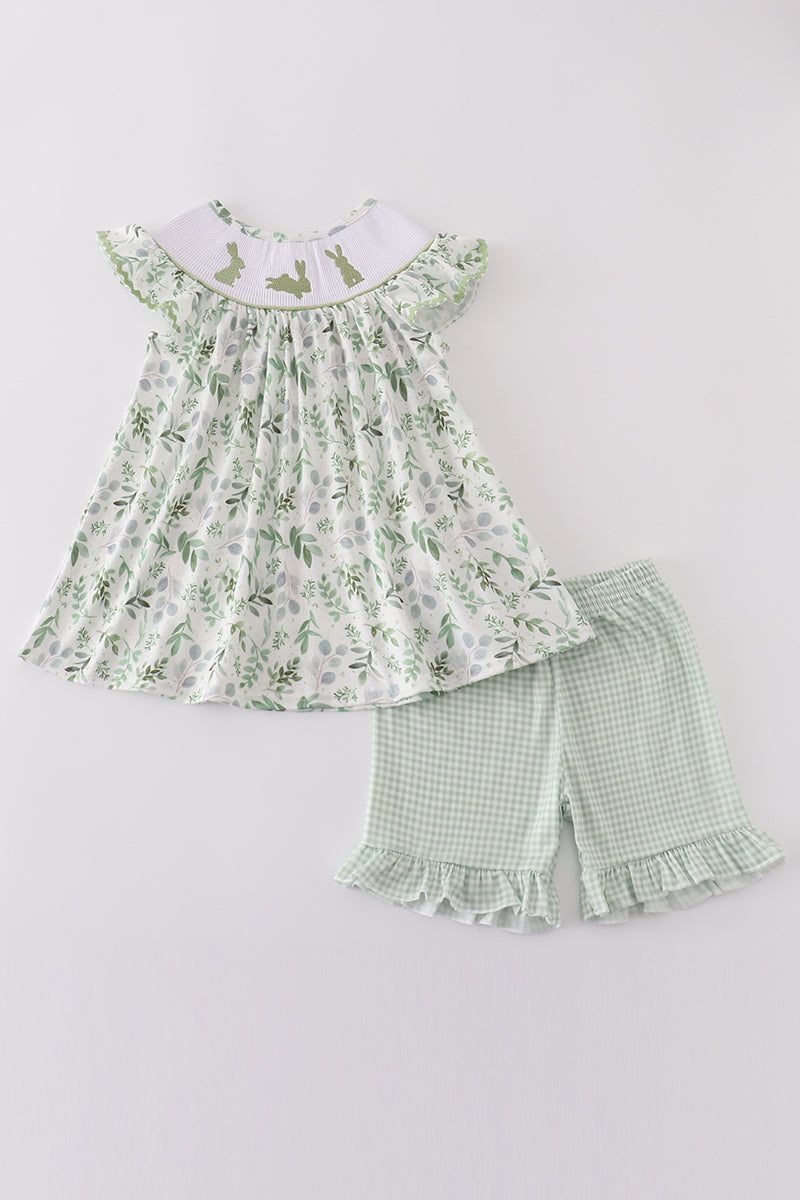 Sage leaf bunny embroidery smocked set