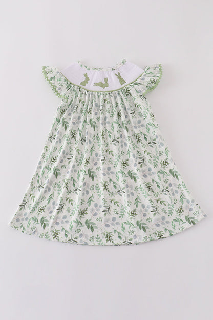 Sage leaf bunny embroidery smocked dress