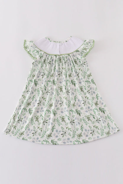 Sage leaf bunny embroidery smocked dress