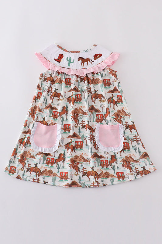 Western cowboy embroidery smocked dress