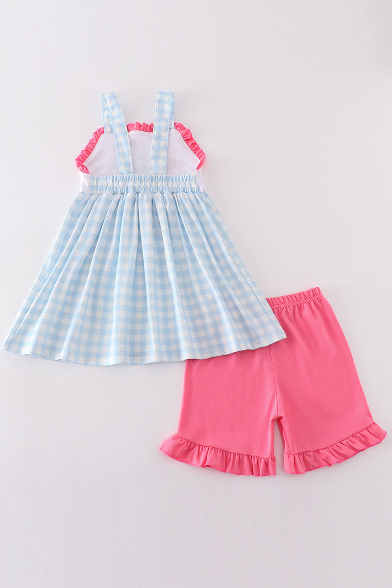 Blue gingham character embroidery girl set