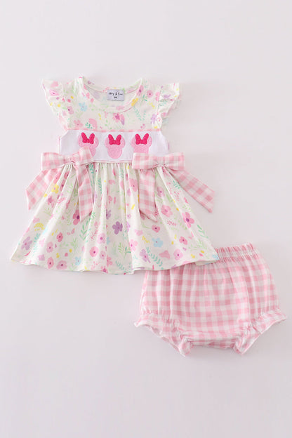 Pink floral mouse embroidery girl bloomer set