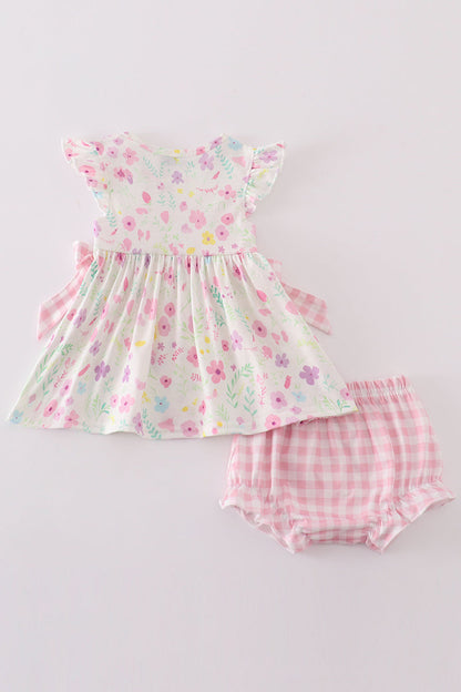 Pink floral mouse embroidery girl bloomer set