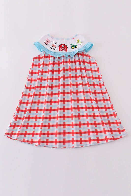 Blue farm embroidery smocked dress